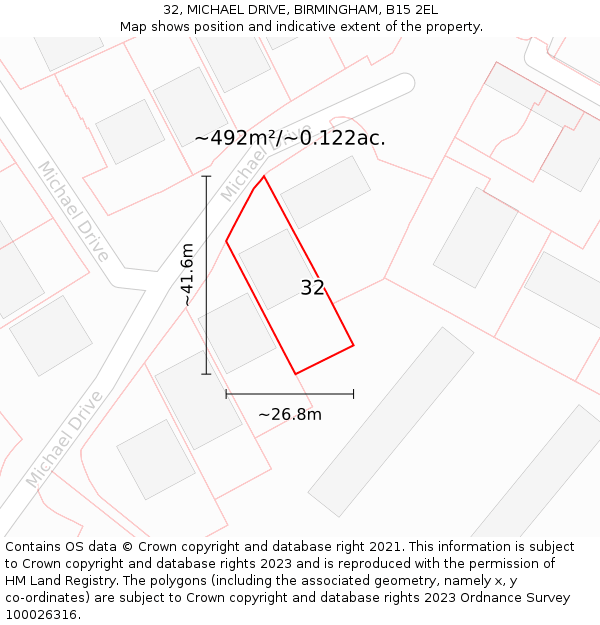 32, MICHAEL DRIVE, BIRMINGHAM, B15 2EL: Plot and title map