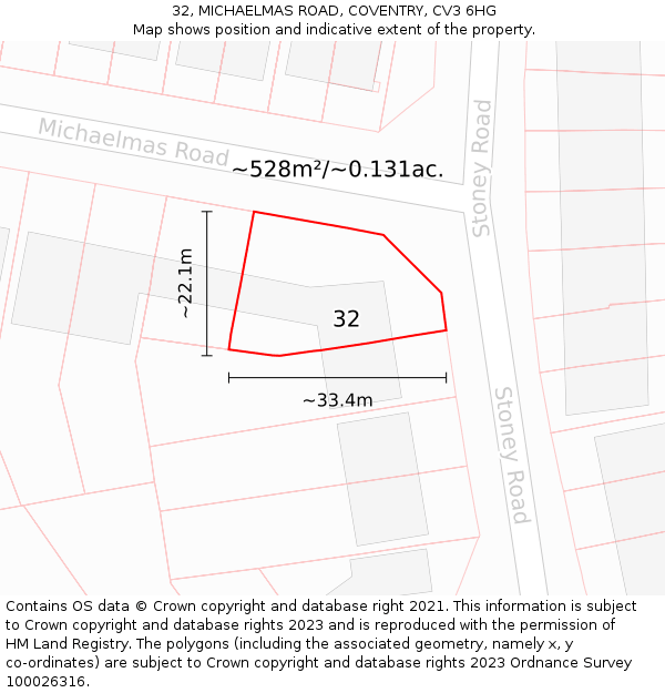 32, MICHAELMAS ROAD, COVENTRY, CV3 6HG: Plot and title map