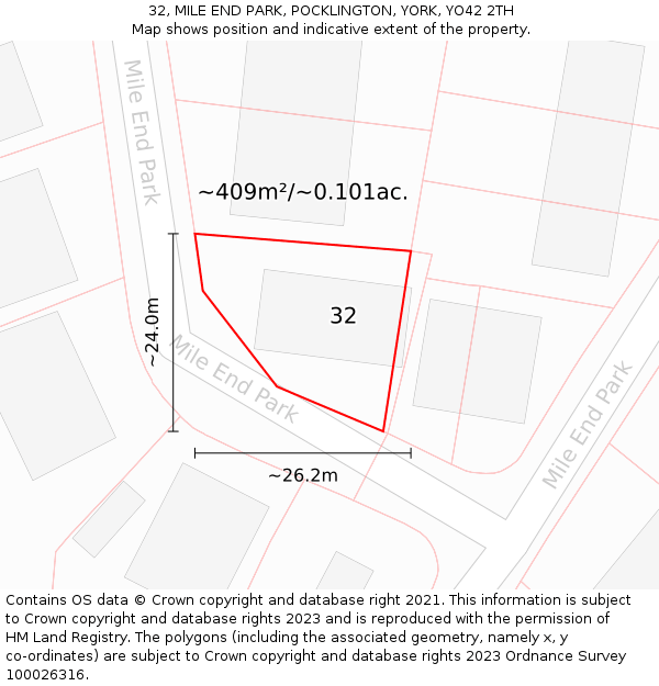 32, MILE END PARK, POCKLINGTON, YORK, YO42 2TH: Plot and title map