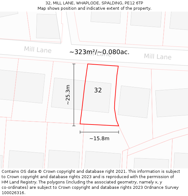 32, MILL LANE, WHAPLODE, SPALDING, PE12 6TP: Plot and title map