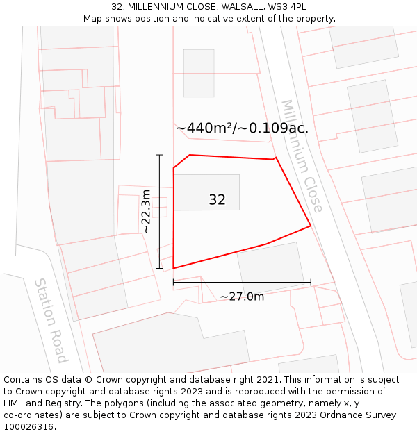 32, MILLENNIUM CLOSE, WALSALL, WS3 4PL: Plot and title map