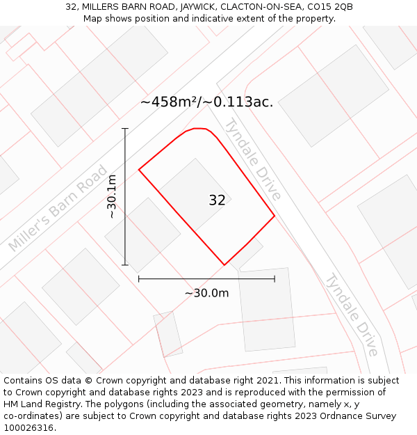 32, MILLERS BARN ROAD, JAYWICK, CLACTON-ON-SEA, CO15 2QB: Plot and title map