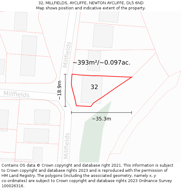 32, MILLFIELDS, AYCLIFFE, NEWTON AYCLIFFE, DL5 6ND: Plot and title map