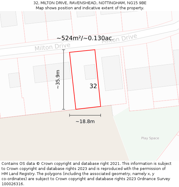 32, MILTON DRIVE, RAVENSHEAD, NOTTINGHAM, NG15 9BE: Plot and title map