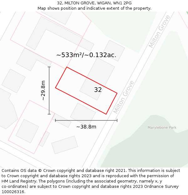 32, MILTON GROVE, WIGAN, WN1 2PG: Plot and title map