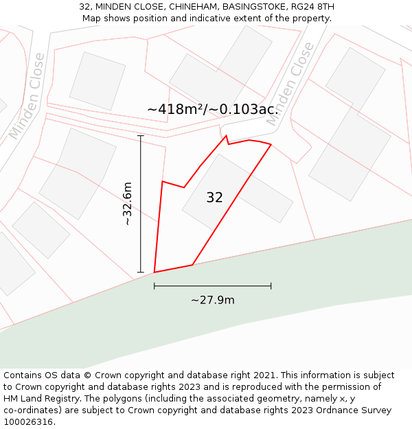 32, MINDEN CLOSE, CHINEHAM, BASINGSTOKE, RG24 8TH: Plot and title map