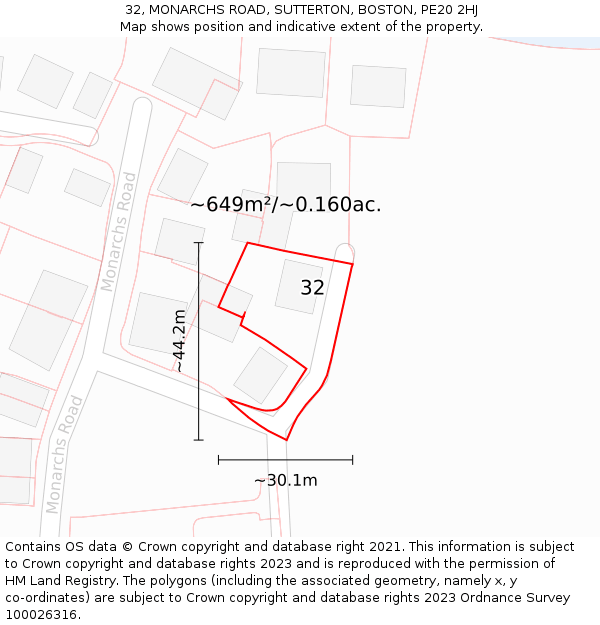 32, MONARCHS ROAD, SUTTERTON, BOSTON, PE20 2HJ: Plot and title map