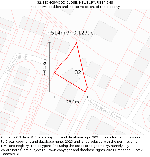 32, MONKSWOOD CLOSE, NEWBURY, RG14 6NS: Plot and title map