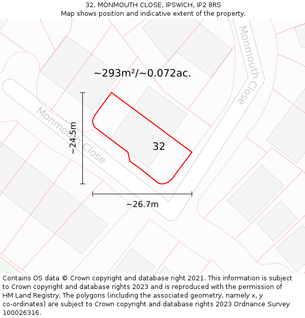 32, MONMOUTH CLOSE, IPSWICH, IP2 8RS: Plot and title map