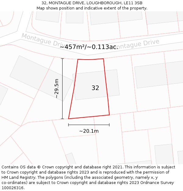 32, MONTAGUE DRIVE, LOUGHBOROUGH, LE11 3SB: Plot and title map