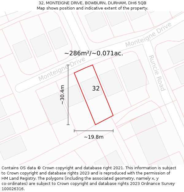 32, MONTEIGNE DRIVE, BOWBURN, DURHAM, DH6 5QB: Plot and title map