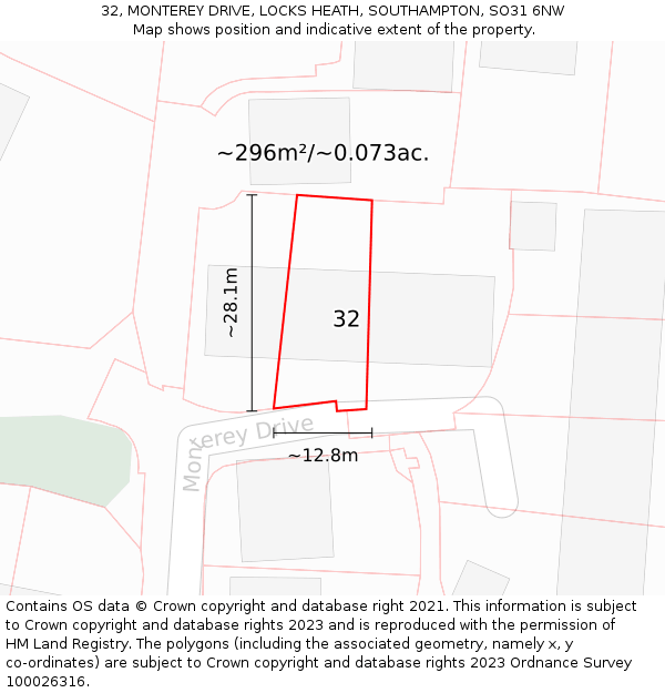 32, MONTEREY DRIVE, LOCKS HEATH, SOUTHAMPTON, SO31 6NW: Plot and title map