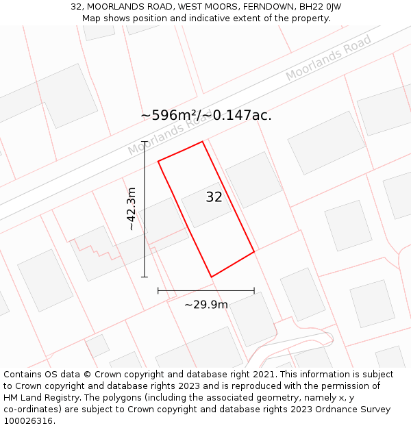 32, MOORLANDS ROAD, WEST MOORS, FERNDOWN, BH22 0JW: Plot and title map