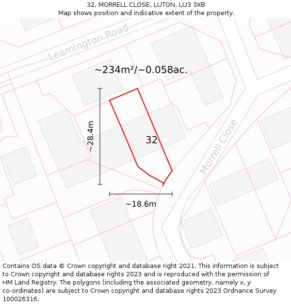 32, MORRELL CLOSE, LUTON, LU3 3XB: Plot and title map