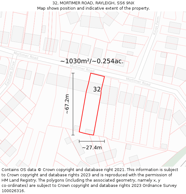 32, MORTIMER ROAD, RAYLEIGH, SS6 9NX: Plot and title map