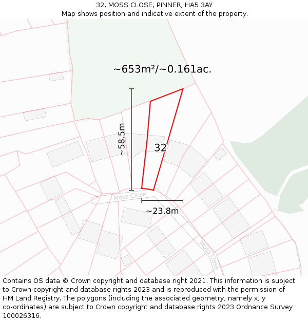 32, MOSS CLOSE, PINNER, HA5 3AY: Plot and title map