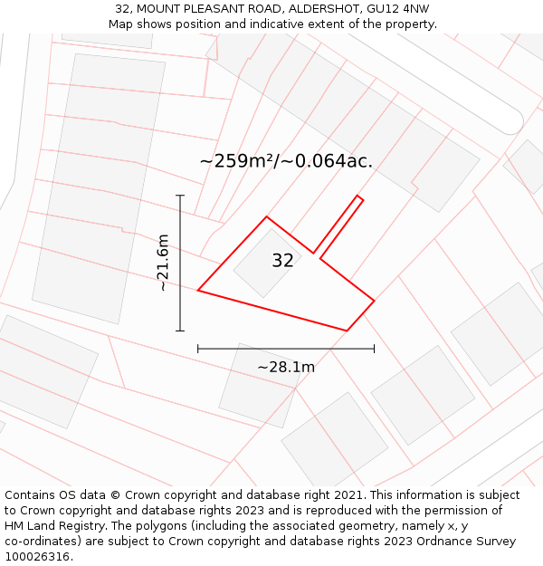 32, MOUNT PLEASANT ROAD, ALDERSHOT, GU12 4NW: Plot and title map