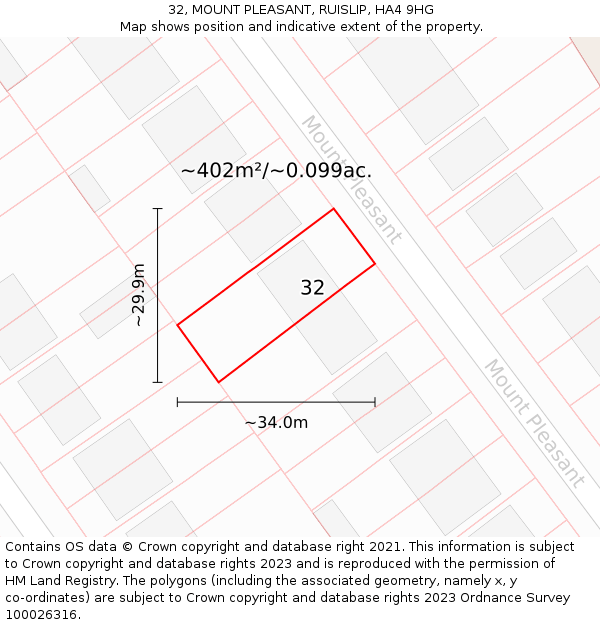 32, MOUNT PLEASANT, RUISLIP, HA4 9HG: Plot and title map