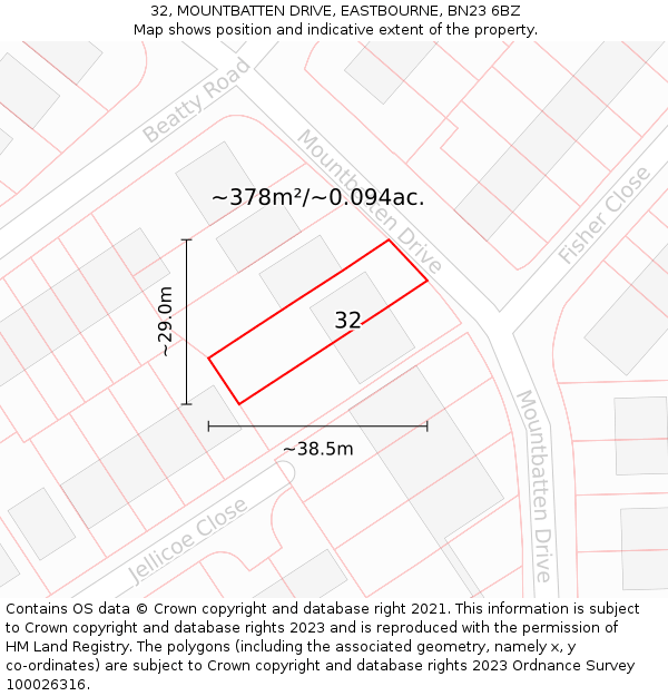 32, MOUNTBATTEN DRIVE, EASTBOURNE, BN23 6BZ: Plot and title map