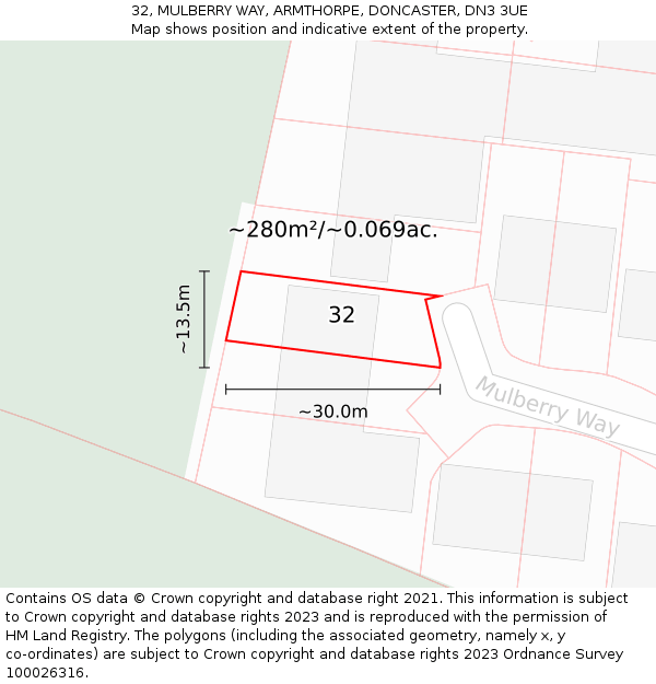 32, MULBERRY WAY, ARMTHORPE, DONCASTER, DN3 3UE: Plot and title map