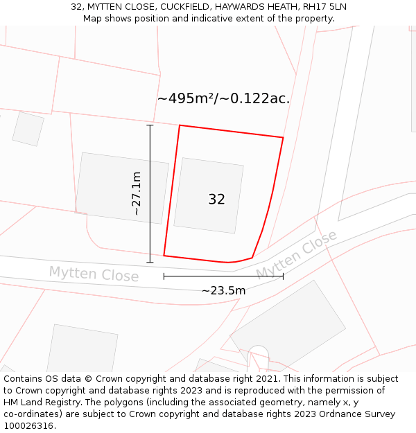 32, MYTTEN CLOSE, CUCKFIELD, HAYWARDS HEATH, RH17 5LN: Plot and title map