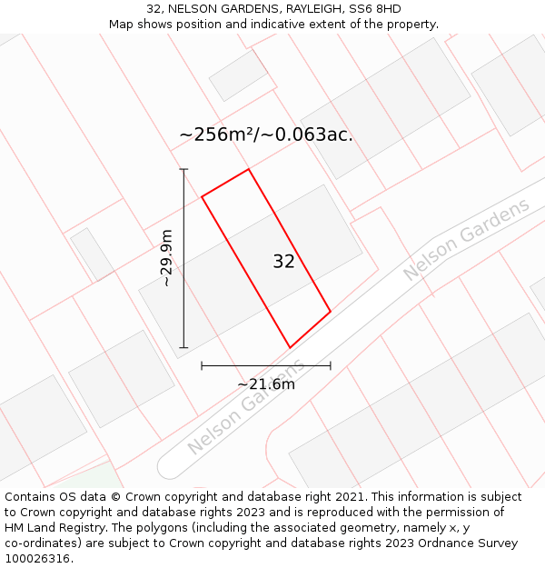 32, NELSON GARDENS, RAYLEIGH, SS6 8HD: Plot and title map