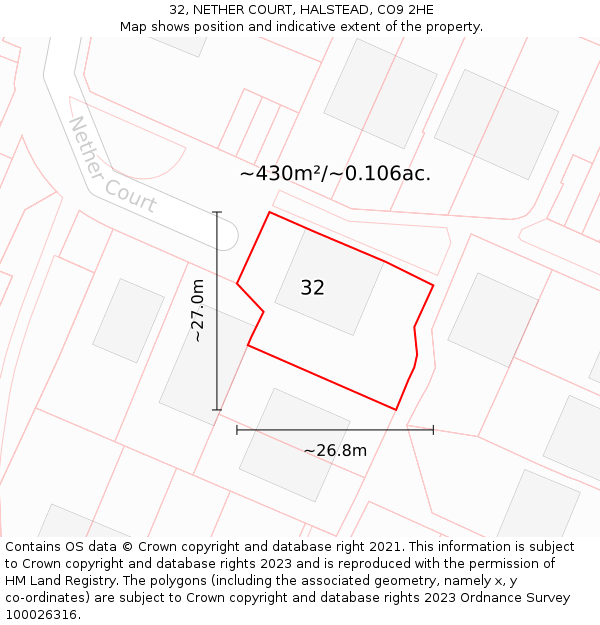 32, NETHER COURT, HALSTEAD, CO9 2HE: Plot and title map