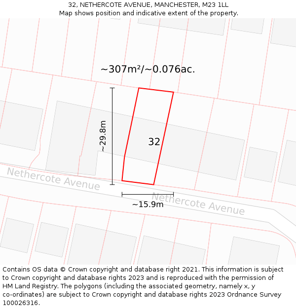 32, NETHERCOTE AVENUE, MANCHESTER, M23 1LL: Plot and title map