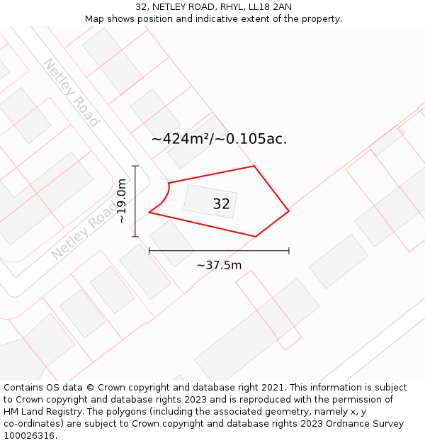 32, NETLEY ROAD, RHYL, LL18 2AN: Plot and title map