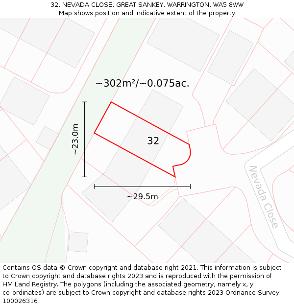 32, NEVADA CLOSE, GREAT SANKEY, WARRINGTON, WA5 8WW: Plot and title map