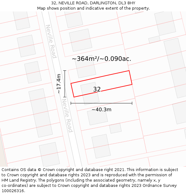 32, NEVILLE ROAD, DARLINGTON, DL3 8HY: Plot and title map