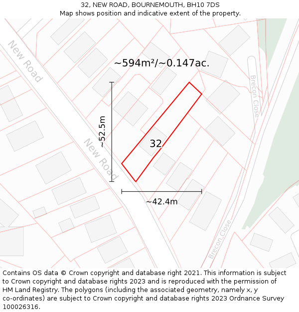 32, NEW ROAD, BOURNEMOUTH, BH10 7DS: Plot and title map