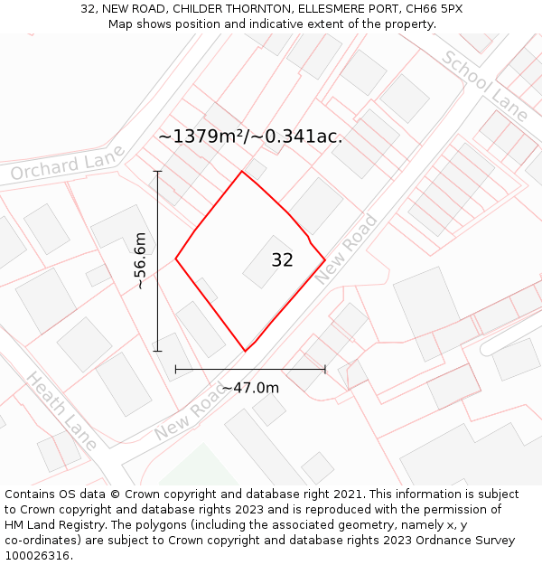 32, NEW ROAD, CHILDER THORNTON, ELLESMERE PORT, CH66 5PX: Plot and title map