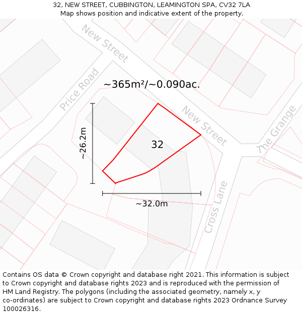 32, NEW STREET, CUBBINGTON, LEAMINGTON SPA, CV32 7LA: Plot and title map