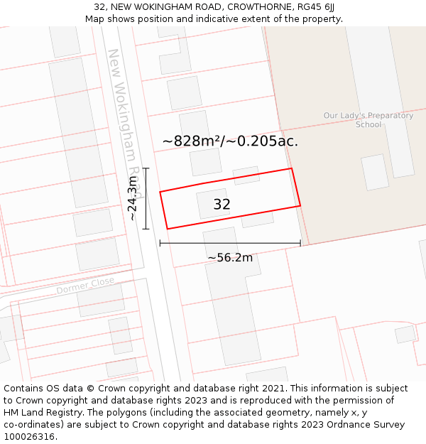 32, NEW WOKINGHAM ROAD, CROWTHORNE, RG45 6JJ: Plot and title map