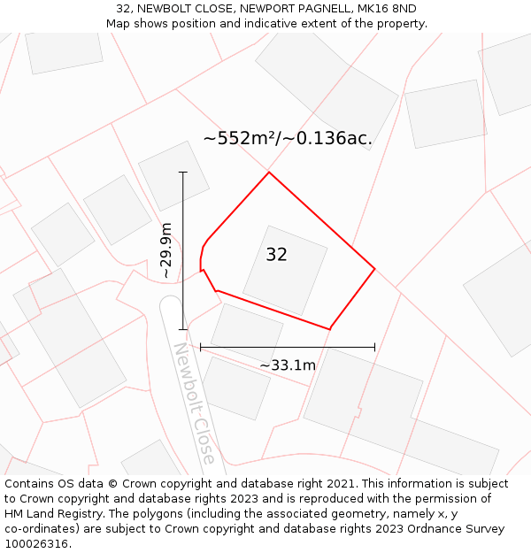 32, NEWBOLT CLOSE, NEWPORT PAGNELL, MK16 8ND: Plot and title map