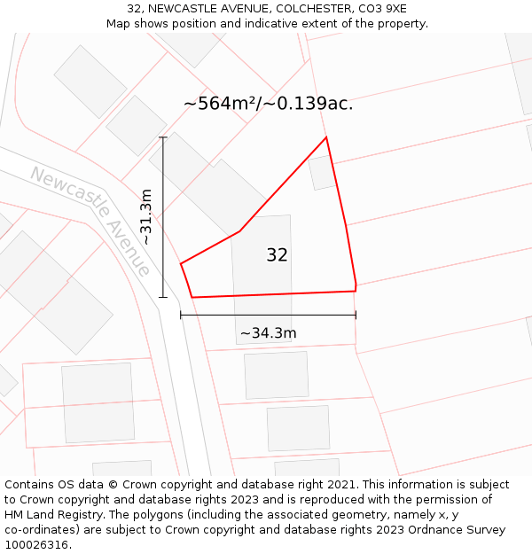 32, NEWCASTLE AVENUE, COLCHESTER, CO3 9XE: Plot and title map