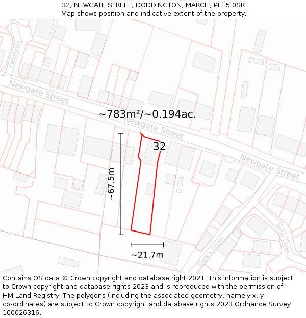 32, NEWGATE STREET, DODDINGTON, MARCH, PE15 0SR: Plot and title map