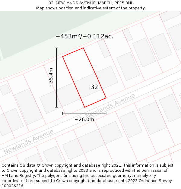 32, NEWLANDS AVENUE, MARCH, PE15 8NL: Plot and title map