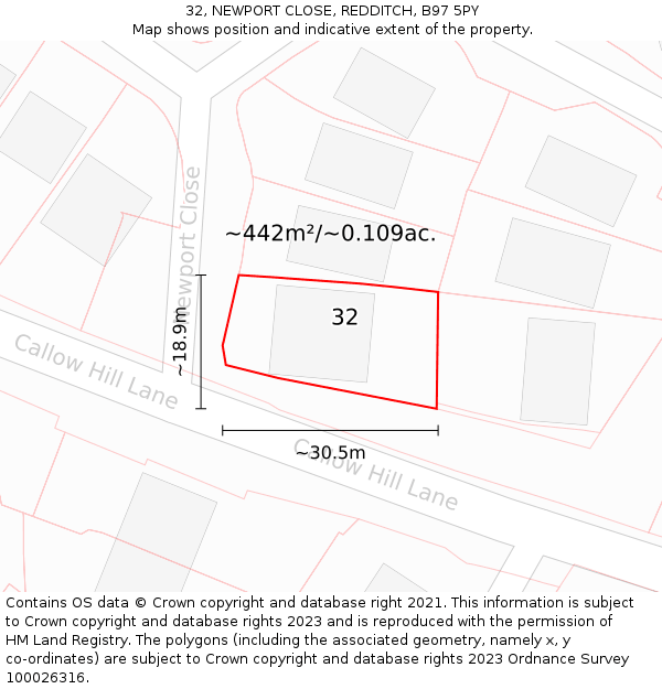 32, NEWPORT CLOSE, REDDITCH, B97 5PY: Plot and title map