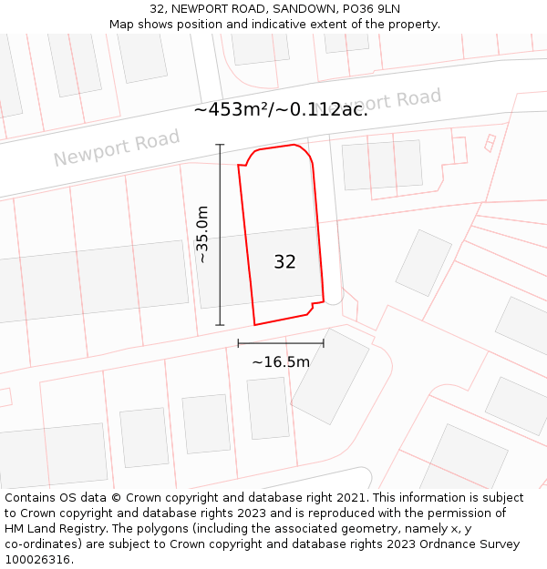 32, NEWPORT ROAD, SANDOWN, PO36 9LN: Plot and title map