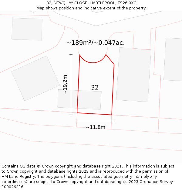 32, NEWQUAY CLOSE, HARTLEPOOL, TS26 0XG: Plot and title map