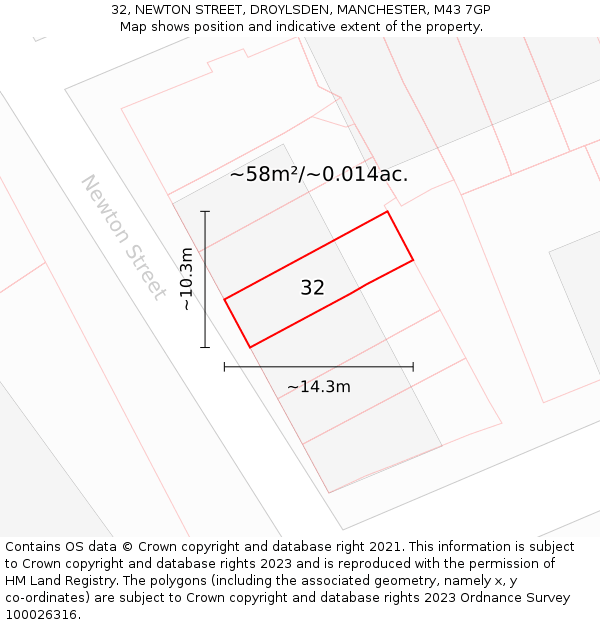 32, NEWTON STREET, DROYLSDEN, MANCHESTER, M43 7GP: Plot and title map