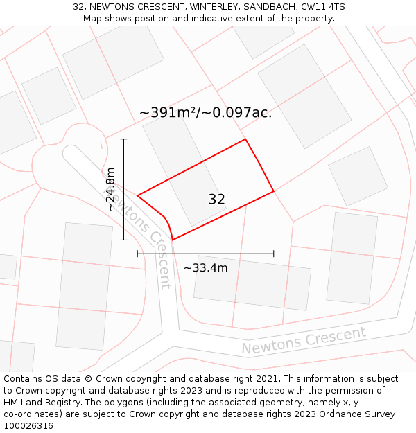 32, NEWTONS CRESCENT, WINTERLEY, SANDBACH, CW11 4TS: Plot and title map