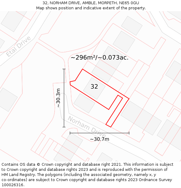 32, NORHAM DRIVE, AMBLE, MORPETH, NE65 0GU: Plot and title map