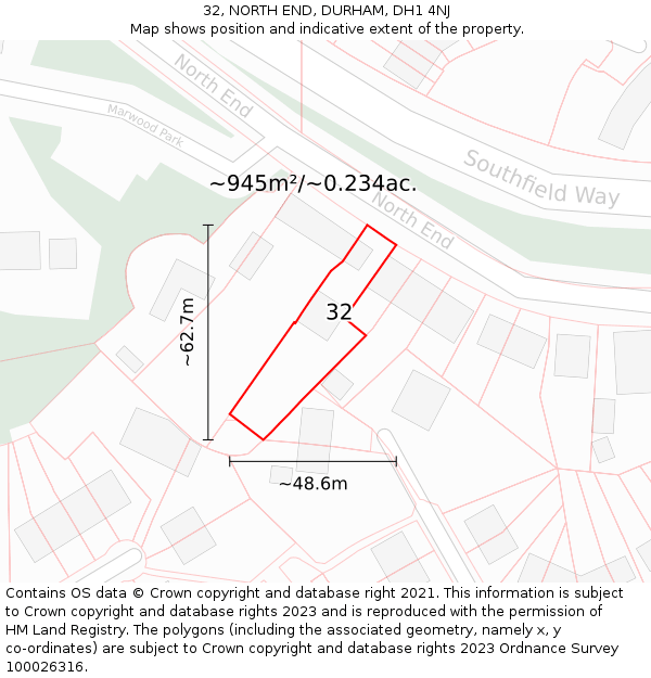 32, NORTH END, DURHAM, DH1 4NJ: Plot and title map