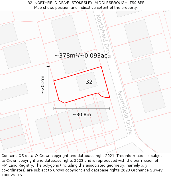 32, NORTHFIELD DRIVE, STOKESLEY, MIDDLESBROUGH, TS9 5PF: Plot and title map