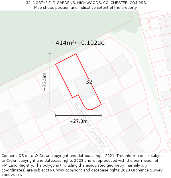 32, NORTHFIELD GARDENS, HIGHWOODS, COLCHESTER, CO4 9SS: Plot and title map