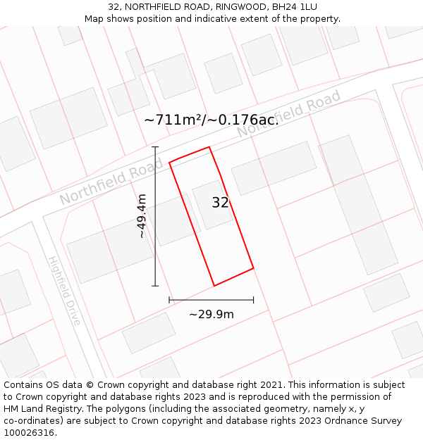 32, NORTHFIELD ROAD, RINGWOOD, BH24 1LU: Plot and title map