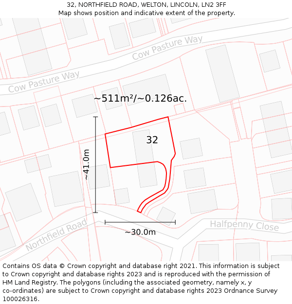 32, NORTHFIELD ROAD, WELTON, LINCOLN, LN2 3FF: Plot and title map